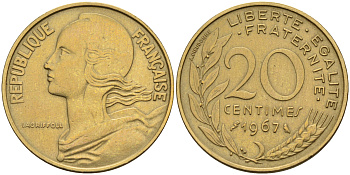 Франция 20 сантимов 1967 тип Marianne KM 930 медь алюминий никель    4595-1051