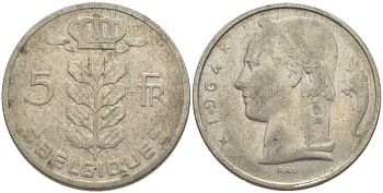БЕЛЬГИЯ 5 ФРАНКОВ 1964 BELGIQUE, БОДУЭН I (1951-1993) KM 134.1 медно-никель 119-717