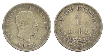 Италия 1 лира 1863 M-BN, Виктор Эммануил II (1861-1878) KM 152 серебро 4178-426