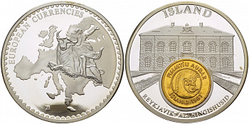 НИДЕРЛАНДЫ МЕДАЛЬ ND МОНЕТА НА МЕДАЛИ, СЕРИЯ ДОЕВРОВЫЕ ЕВРОПЕЙСКИЕ МОНЕТЫ, ИСЛАНДИЯ, 50 АУРАР, РЕЙКЬЯВИК серебрение PROOF 1090-2-13
