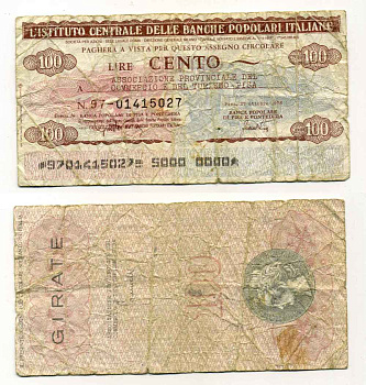 Италия чек на 100 лир 1976 Banca popoLare Di pisa e pontedera, ассоциация провинциальных торговцев и туризма HISA, 27 октября 1976 бумага 8588-15-2-1