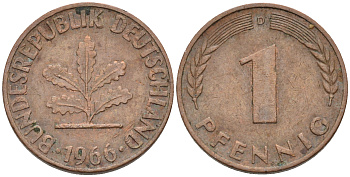 ФРГ 1 пфенниг 1966 D KM 105, J. 380 сталь плакированная медью    4115-115