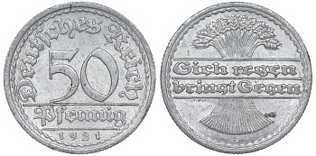 Германия 50 пфеннигов 1921 A KM 27, J. 301 алюминий 4114-537