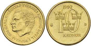 Швеция 10 крон 1992 Карл XVI Густав (1973- ) KM 877 нордик 183-1242