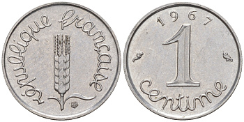 Франция 1 сантим 1967 KM 928, le Frank 106.14 хромированная сталь 100-419