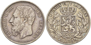 Бельгия 5 франков 1875 Леопольд II (1865-1909) KM 24 серебро 4184-633