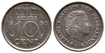 Нидерланды 10 центов 1980 Юлиана (1949-1980) KM 182 никель 4110-1748