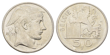Бельгия 50 франков 1951 Бодуэн I (1951-1993), Belgiqe KM 137 серебро UNC 3855-925