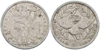 Французская Новая Каледония 2 франка 1998 птица кагу, (IEOM) KM 14, Schoen 11, Lec 68c алюминий    25-351