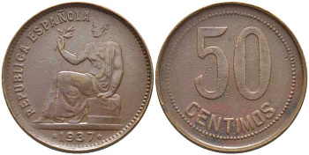 ИСПАНИЯ 50 СЕНТИМО 1937 (34) РЕСПУБЛИКА (1931-1939) KM 754.1 медь 113-1014
