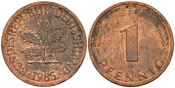 ФРГ 1 пфенниг 1985 D KM 105, J. 380 сталь плакированная медью    4598-633