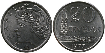 Бразилия 20 сентаво 1977 голова свободы влево KM 579.1a, Schon 84b нержавеющая сталь aUNC 4577-1216