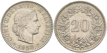 ШВЕЙЦАРИЯ 20 РАППЕНОВ 1958 В KM 29a медно-никель 55-751