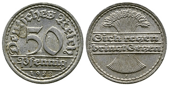 ГЕРМАНИЯ 50 ПФЕННИГОВ 1922 F KM 27, J. 301, Weege 10 алюминий 4380-914