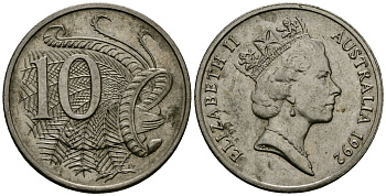 Австралия 10 центов 1992 Елизавета II (1953-), птица лирахвост KM 81 медно-никель 4138-925