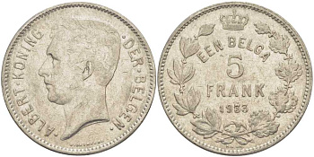 БЕЛЬГИЯ 5 ФРАНКОВ 1933 АЛЬБЕРТ I, DER BELGEN KM 98 никель 3851-435