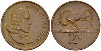ЮАР 2 цента 1969 Ян ван Рибек (1619-1677), South Africa, легенда на английском, антилопа гну KM 66.1 бронза 67-257