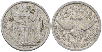 Французская Новая Каледония 1 франк 1991 птица кагу, (IEOM) KM 10, Schoen 10, Lec 51 алюминий 53-845