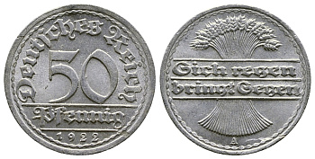 ГЕРМАНИЯ 50 ПФЕННИГОВ 1922 A KM 27, J. 301, Weege 10 алюминий 4380-855