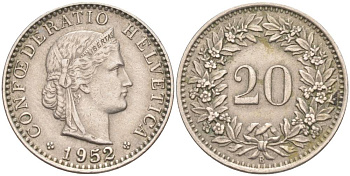 ШВЕЙЦАРИЯ 20 РАППЕНОВ 1952 В KM 29a медно-никель 55-725