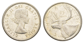 Канада 25 центов 1961 Елизавета II (1952-2022), олень KM 52 серебро 4541-947