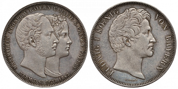 Бавария 2 талера 1842 Людвиг I, свадебный, свадьба Баварского Кронпринца Максимилиана и Марии Прусской AKS 104 b, Dav. 588, Kahnt 108 b, Thun 81 серебро 00-815-02