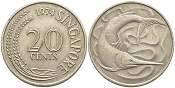 СИНГАПУР 20 ЦЕНТОВ 1974 ГОЛУБОЙ МАРЛИН, ТУНЕЦ KM 4 медно-никель 3856-1011