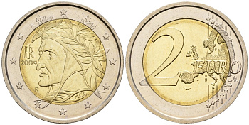 Италия 2 евро 2009 Данте Алигьери KM 217 биметалл UNC 4148-715