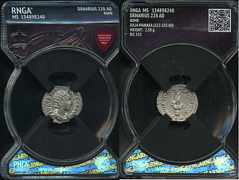 Римская Империя денарий 228 Юлия Мамея, мать Александра Севера, IVLIA MAMAEA AVG, бюст императрицы/FELICITAS PVBLICA, персонификация Счастья, Рим, в слабе RNGA - MS RIC 335 серебро 15-004-07
