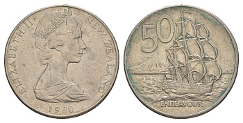 Новая Зеландия 50 центов 1980 Елизавета II (1952-2022), парусник Индевор KM 37 медно-никель 4645-622