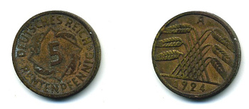 ГЕРМАНИЯ 5 РЕНТЕНПФЕННИГОВ 1924 A, KM 32, J. 308 алюминиевая бронза 54-425