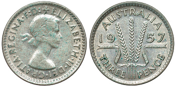 Австралия 3 пенса 1957 m, Елизавета II (1953-) KM 57 серебро 71-538