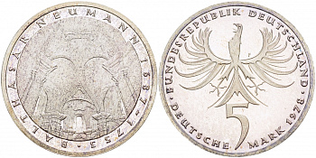 ФРГ 5 марок 1978 F, 225 лет со дня смерти Бальтазара Неймана KM 148, J.423 серебро PROOF 1087-2-63