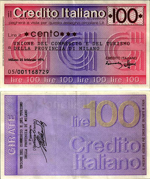 Италия чек на 100 лир 1976 25 февраля 1976, credito Italiano бумага 7204-39-3-2