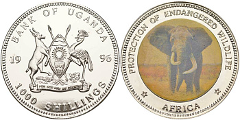 Уганда 1000 шиллингов 1996 серия сохраним наш мир, слон, цветная наклейка KM 55 медно-никель  PROOF  00-00