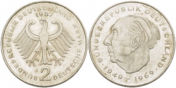 ФРГ 2 МАРКИ 1987 J, ТЕОДОР ХОЙС KM 127, J. 407 медно-никель плакированный никелем 3718-947