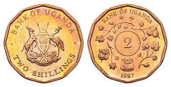 Уганда 2 шиллинга 1987 KM 28 сталь плакированная медью UNC 4513-451