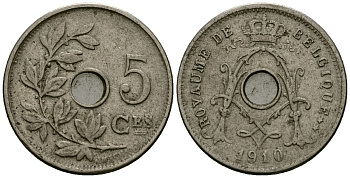 Бельгия 5 сантимов 1910 Belgique, Альберт I (1909-1934) KM 66 медно-никель 4173-431