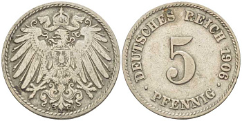 Германия 5 пфеннигов 1906 J KM 11, Jager 12, Weege 6 медно-никель 105-123