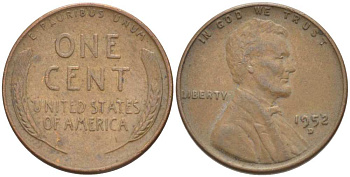 США 1 ЦЕНТ 1952 D, ЛИНКОЛЬН KM А132 медь цинк 218-619
