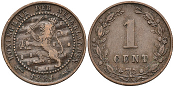 Нидерланды 1 цент 1881 Виллем III (1849-1890) KM 107 бронза 4576-562
