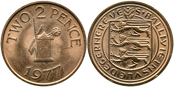 Гернси 2 пенса 1977 ветряная мельница KM 28 бронза 4523-335
