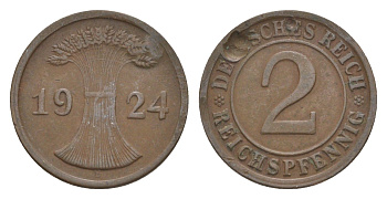 Германия 2 рейхспфеннига 1924 G KM 38, J.314, Weege 4 медь 4639-1226