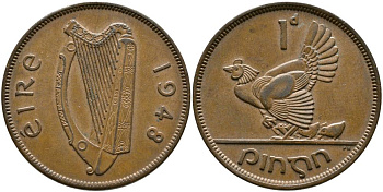ИРЛАНДИЯ 1 ПЕННИ 1948 КУРИЦА С ЦЫПЛЯТАМИ KM 11 бронза 4531-645