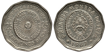 Аргентина 25 песо 1965 первая монета отчеканенная в Аргентине в 1813 году KM 61 сталь плакированная никелем 4185-533