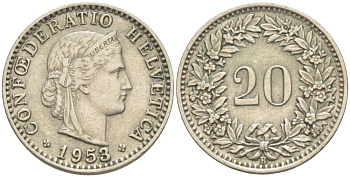 ШВЕЙЦАРИЯ 20 РАППЕНОВ 1953 В KM 29а медно-никель 4511-916