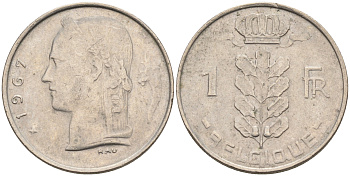 БЕЛЬГИЯ 1 ФРАНК 1967 BELGIQUE KM 142.1 медно-никель 4563-1254