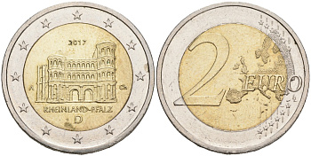 Германия 2 евро 2017 D, серия ФЕДЕРАЛЬНЫЕ ЗЕМЛИ ГЕРМАНИИ, РЕЙНЛАНД-ПФАЛЬЦ KM 356 биметалл 4556-1041