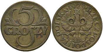 ПОЛЬША 5 ГРОШЕЙ 1923 KM 10 латунь 83-1459