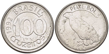 БРАЗИЛИЯ 100 КРУЗЕЙРО 1992 РЕФОРМА 1990-1993, ЛАМАНТИН KM 623 нержавеющая сталь 4392-568